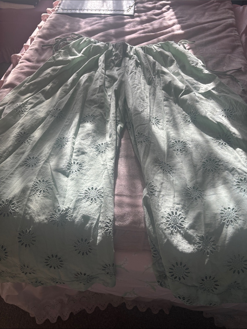 Embroidered Wide-Leg Linen Pants - Mint Green